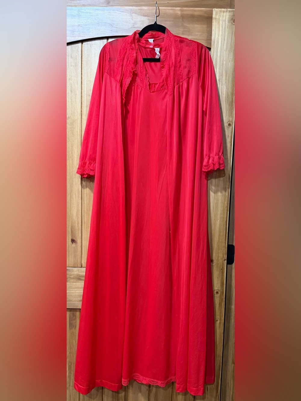 Vintage Red Peignoir Set - Floor Length Nylon Nightgown & Robe Set (70s/80s)